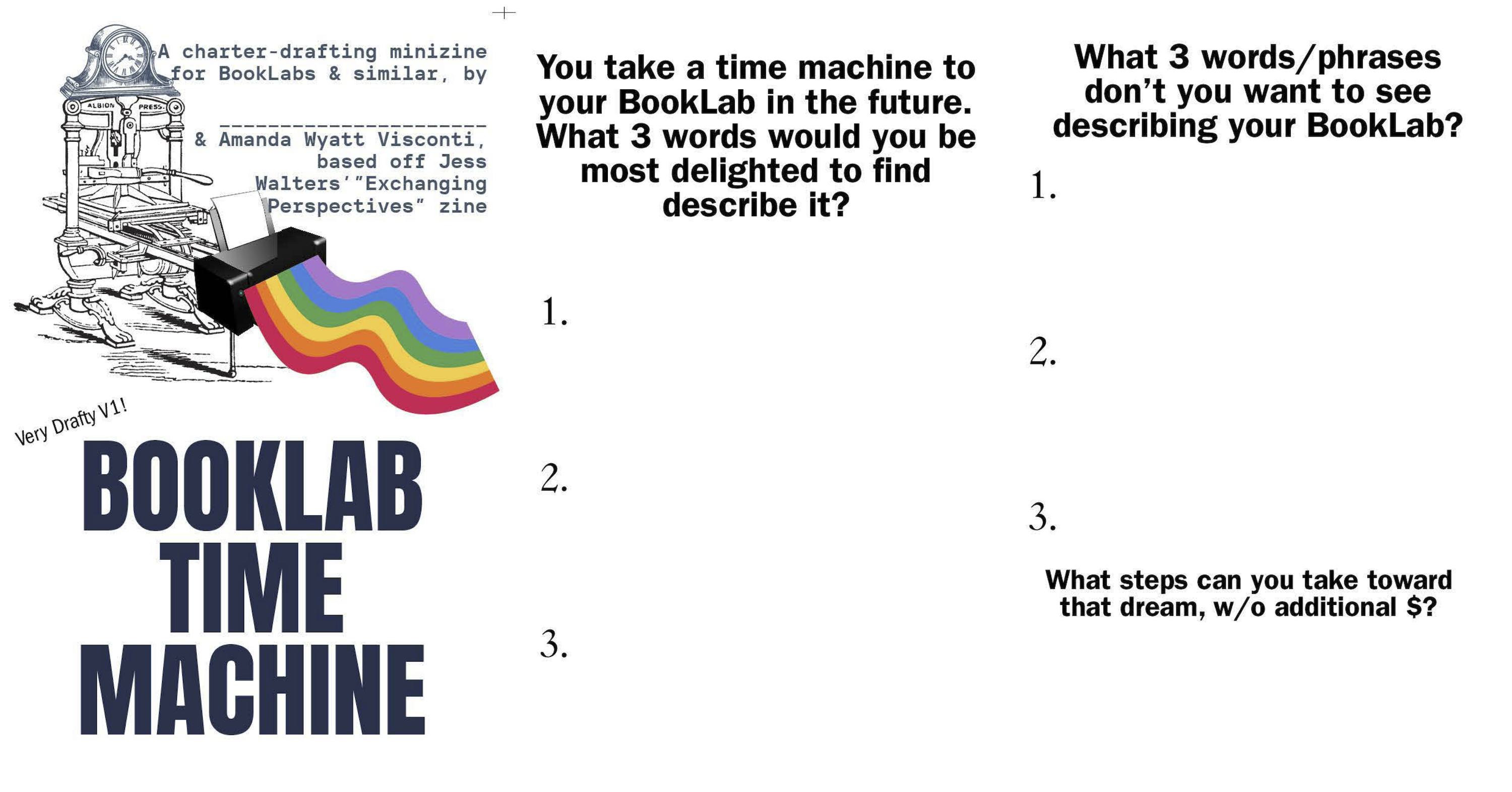 "BookLab Time Machine: Minizine" zine pages 1-3