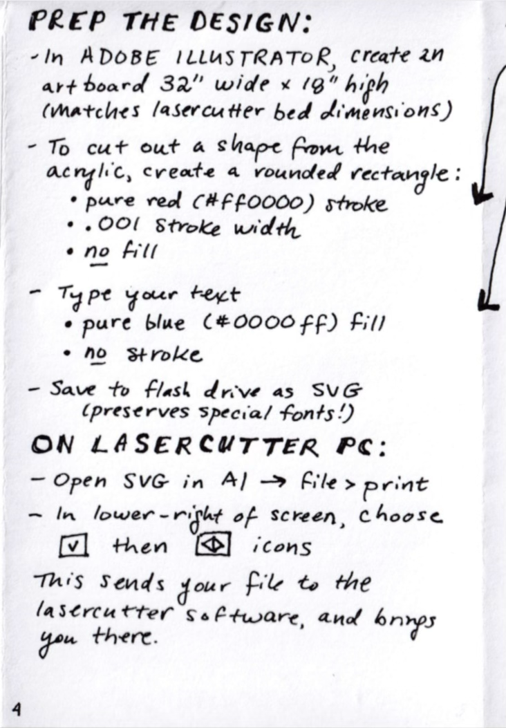 Scan of the 4th page of the Lasercutting! Cheatsheet zine