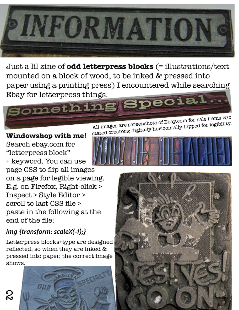 Scan of the 1st page of the "Look!! Here's your unusual letterpress blocks invitation to joy: a collage mini-zine"