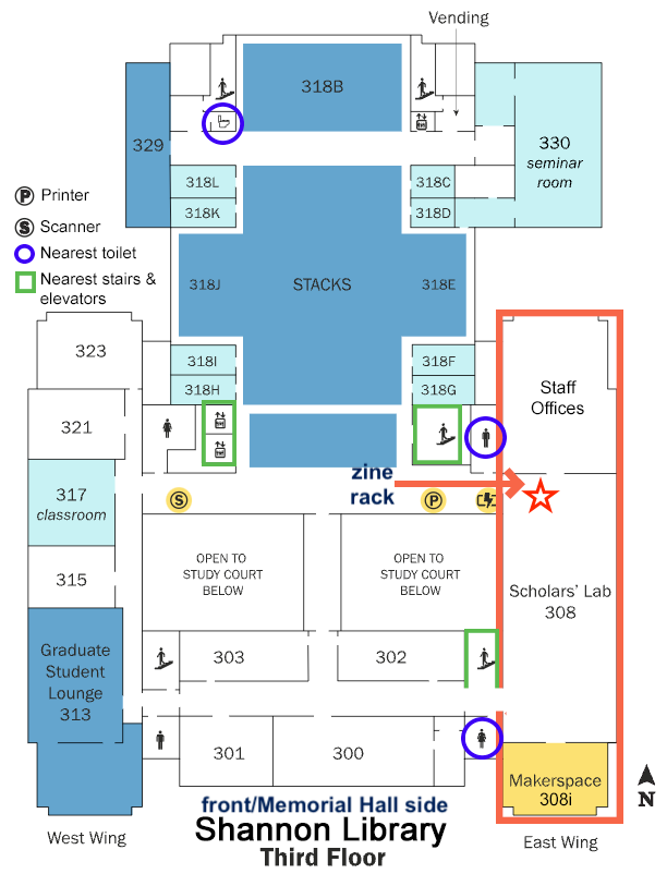 Map of the 3rd floor of Shannon Library, with the location of the zine rack starred