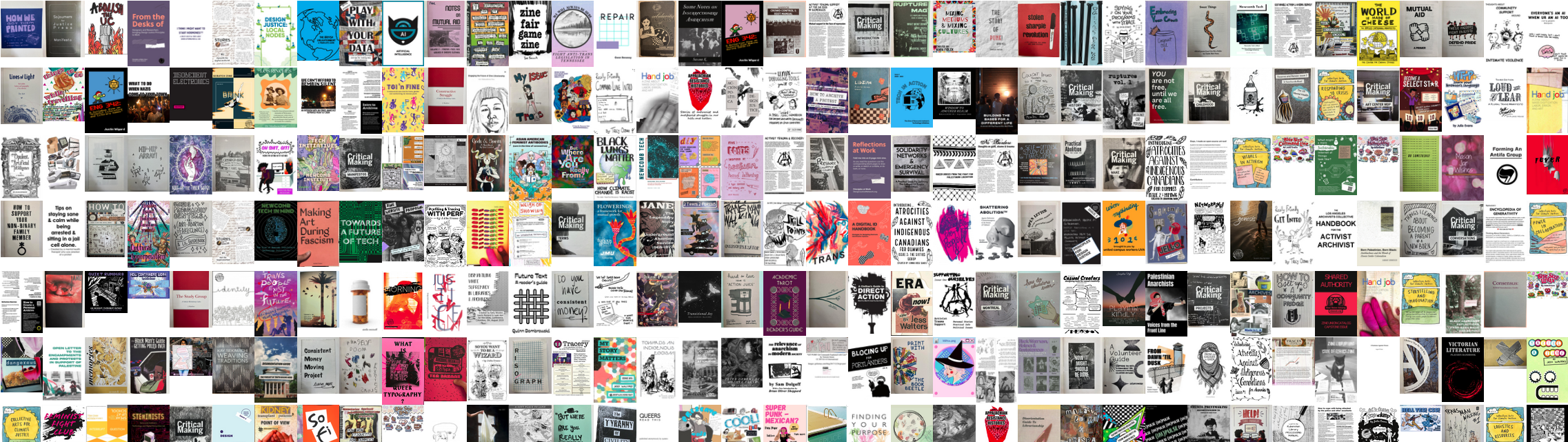 Screenshot of a digital grid of photos of zine front covers; it's very colorful, and around 200 zine covers are shown