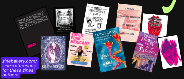 Screenshot from Cal Poly Humboldt talk cover slide, showing tiny-size versions of the front covers of various zines arrayed in a jumble