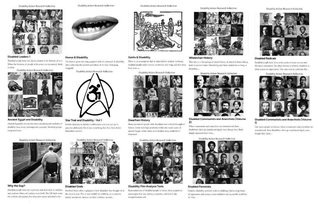 A digital image showing the DARK zine page's thumbnail images and intro text, arranged into a tighter grid to more easily see all the zines they offer. There are 14 zines and corresponding images and text, all covering disability justice and history and/or media. The images are usually composites of multiple black and white photographic portraits of disabled people discussed in the zines.